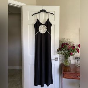 Stephanie Satin V-Neck Rosette Detail Sleeveless Slip Maxi Dress